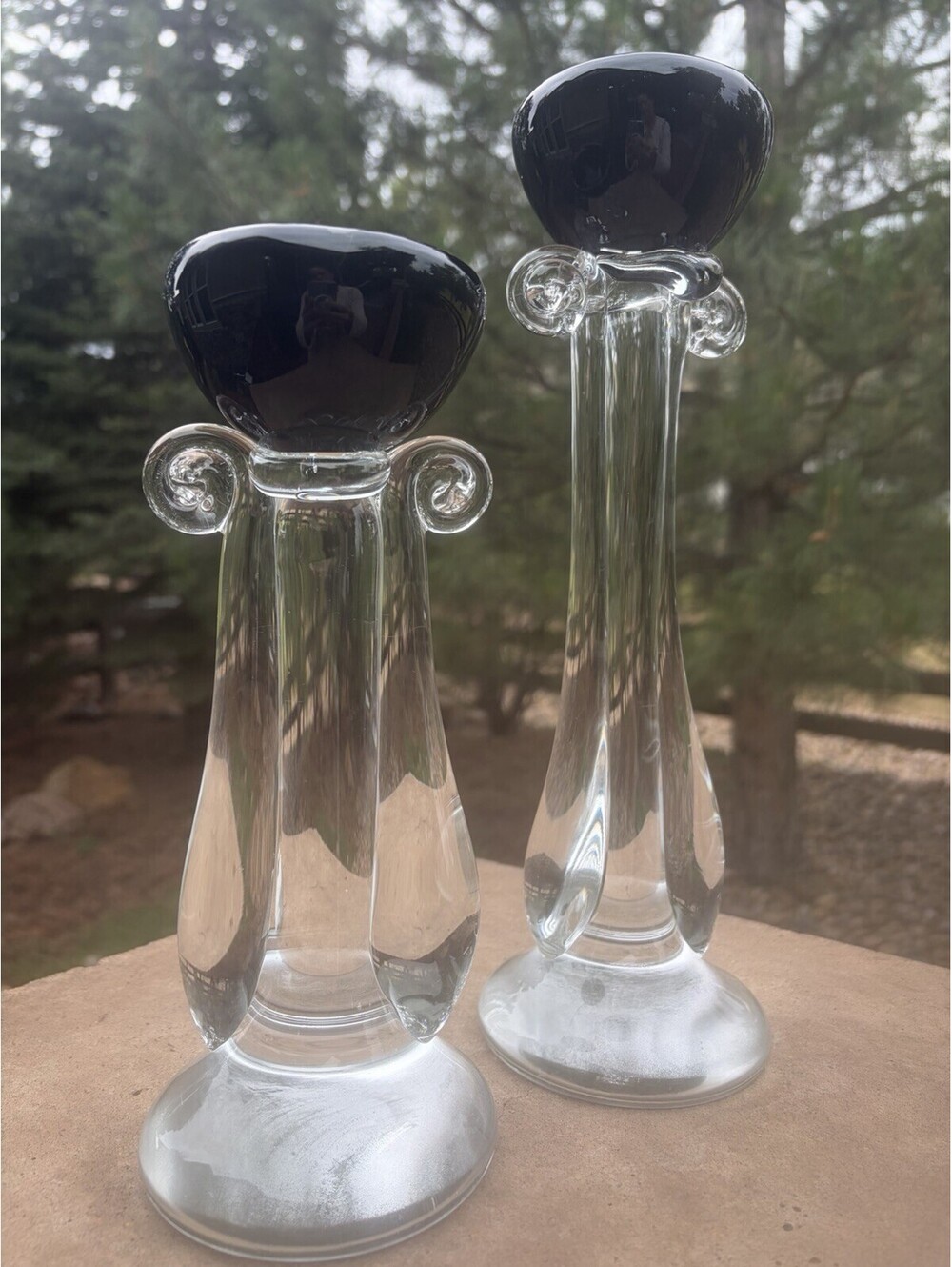 Set of Two Hand Blown Murano Alfredo Barbini Glass Candle Holders Diff Heights